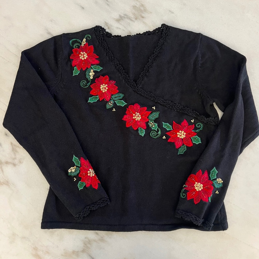 Black Poinsettia Embroidered Long Sleeve V Neck Ugly Christmas Sweater Women